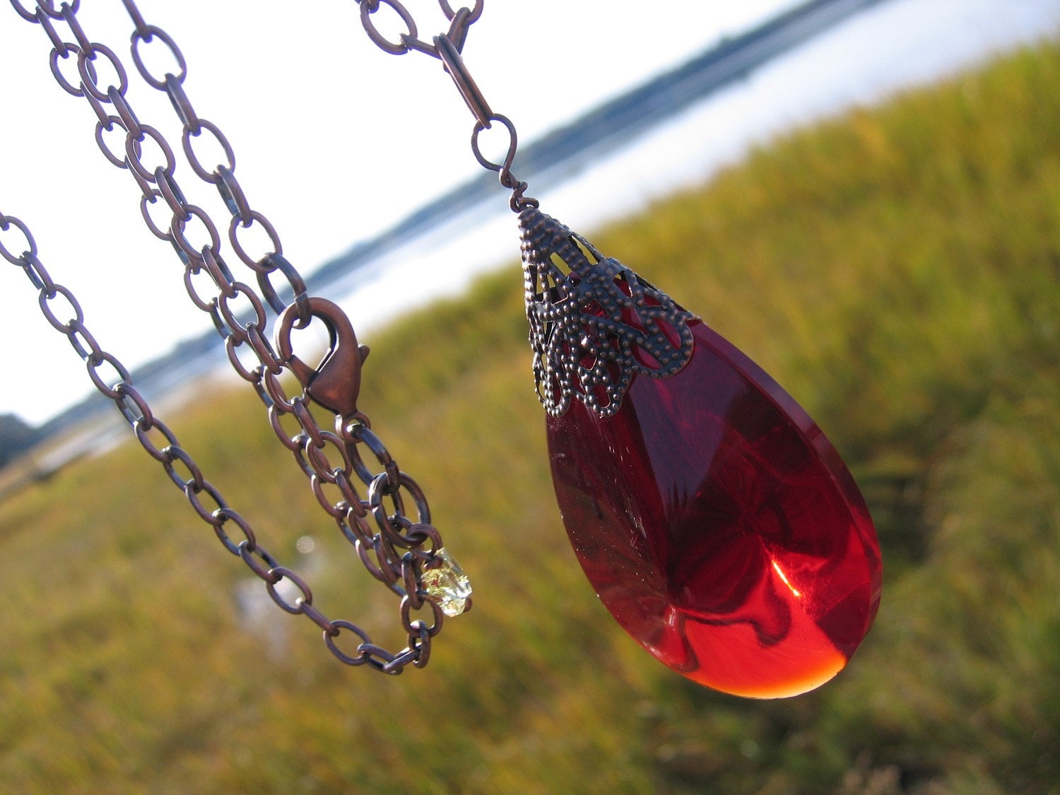 Red Crystal Amulet Pendant Vintage Teardrop Glass Bead Crystal