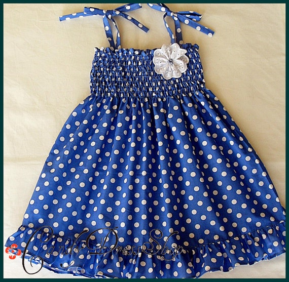 Blue and white polka-dot dress girls frilly dress Girls blue