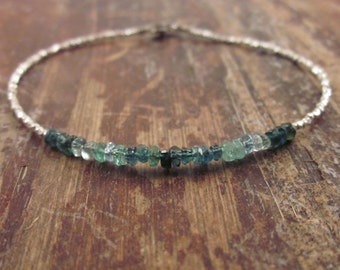 Blue Tourmaline Bracelet October Birthstone Bracelets Indicolite Bracelet Silver Beads Beaded Bead Gemstone Woman's Bracelet Gifts for Her