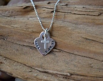 Cross Charm Necklace with Heart - Personalized - Sterling Silver ...