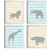 Kids Wall Art Chevron Blue Peach Gray Safari Animals set of 4 each 11x14 de3