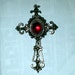 Cross Pendant Large Victorian Style Gothic Filigree Vintage 1980's Silver Tone Red Cabochon Maybe 1928 Jewelry Co. SALE
