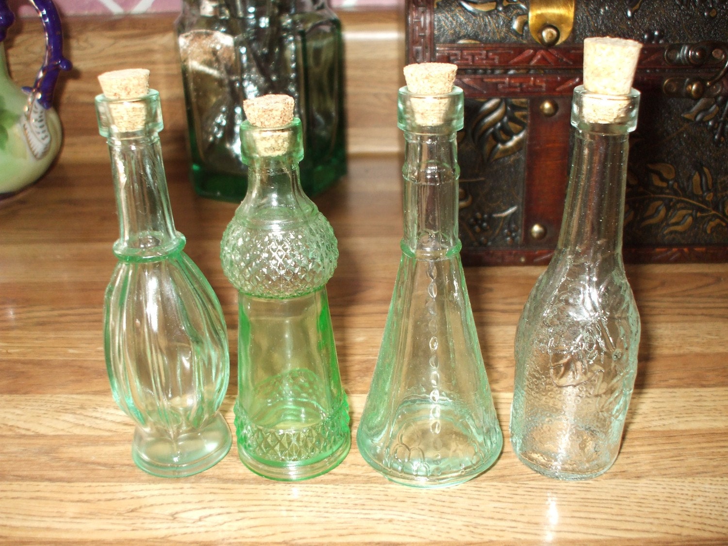Four Green Glass Decorative Bottles w/Corks Miniature SALE