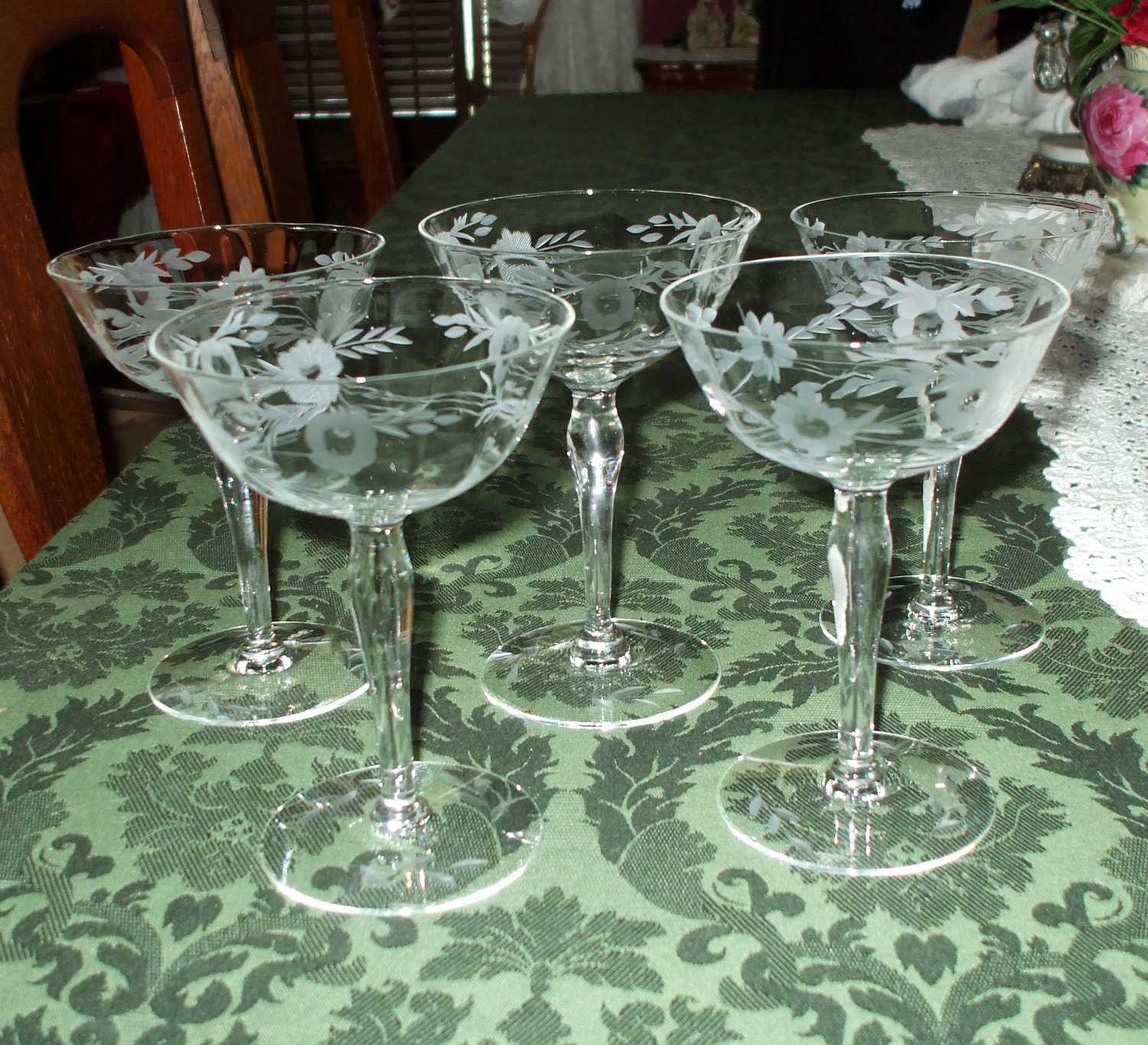 Crystal Stemware Sherbet/Champagne Glasses Etched Floral