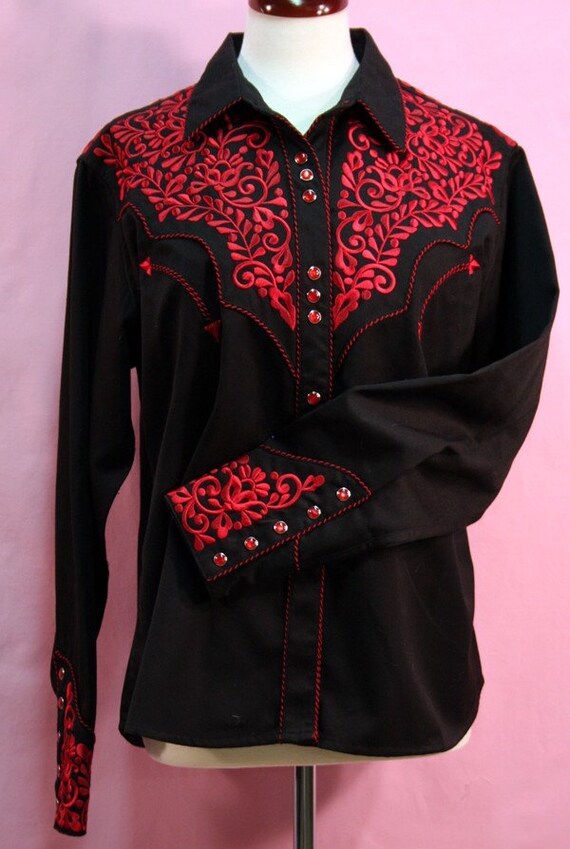 Panhandle Slim Cowgirl shirt Patsy Cline red and black