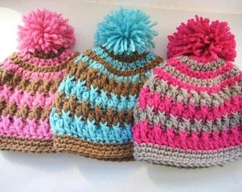 Crochet Pattern Hat , Newborn Baby to Adult, Boy and Girl, Pdf Crochet Beanie Hat Pattern - Pom Pom Hat