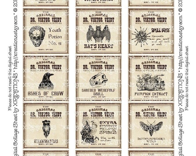 Antique Apothecary - Potion Labels - Digital Collage Sheet - 2x2in/50mm squares