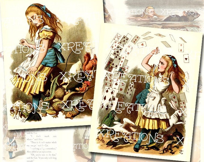 36 Alice in Wonderland colored prints set by John Tenniel in 2x3 inches - digital collage sheet
