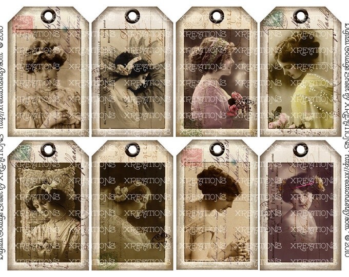 Beautiful Vintage French Woman Postcards on Hangtags / Gift Tags