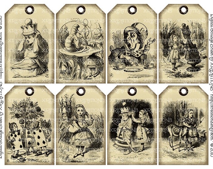 Alice in Wonderland in Shabby Vintage Hangtags / Gift tags - 2 pages with 16 different hangtags
