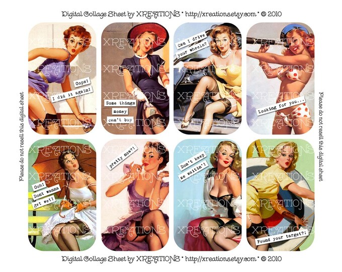 Vintage Pinup Girls with Cute Captions Digital Collage Sheet, For cards, tags DIY