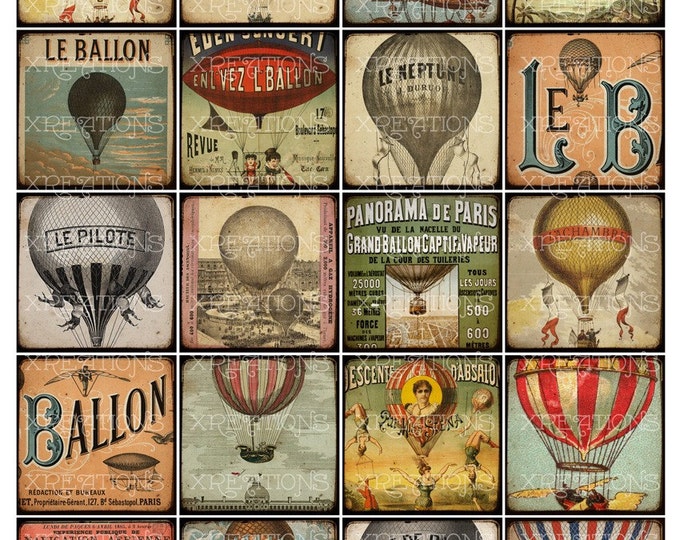 Vintage French Hot Air Balloon Images in 2x2 inches squares with frame effect - Digital Collage Sheet
