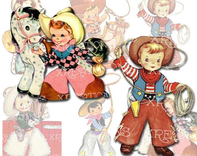 Cute Little Cowboys Vintage Greeting Card Cutouts - Digital Collage Sheet