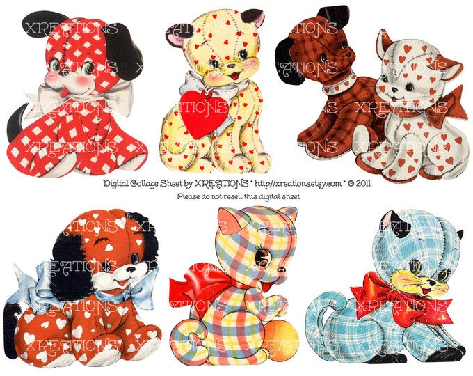 Cute Stuffed Cats and Dogs Cutout from Vintage Greeting Cards - Digital Collage Sheet