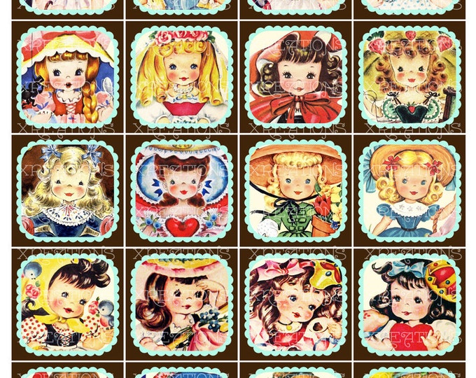 Altered Adorable Children's Greeting Cards in 2 inches squares - Digital Collage Sheet - Use as cupcake topper, tags and more.