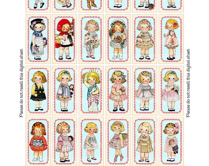 Cute Vintage Paper Dolls in 1x2 inches rectangle domino tile size - Digital Collage Sheet