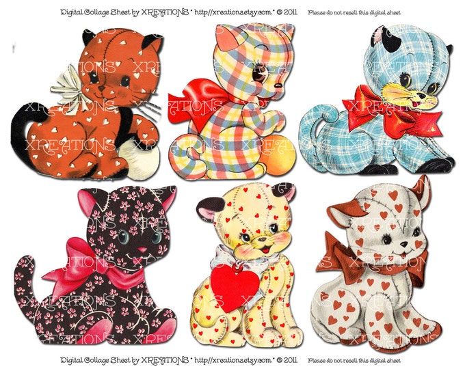 Adorable Vintage Pussy Cat Dolls - cute cat cutouts from vintage greeting cards - Digital collage sheet