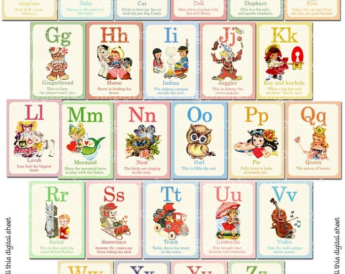 Cute Vintage Style ABC Flashcards in 5x7 inches set of 26 - Print-your-own cards - PDF file