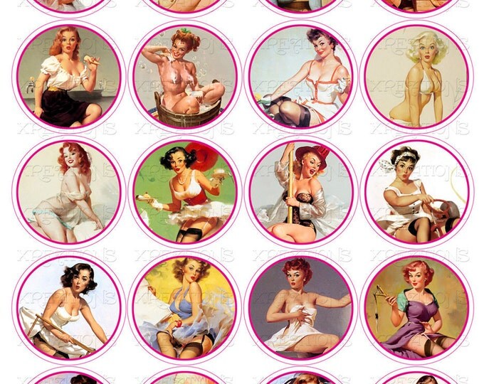 Sexy and naughty Pin Ups Girls - 2 inch circles - cupcake toppers - Digital Collage Sheet
