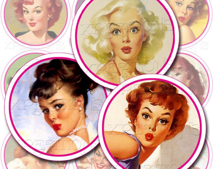 Sexy and naughty Pin Ups Girl Faces - 2 inch circles - cupcake toppers - Digital Collage Sheet