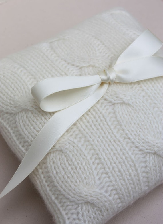 Wedding Ring Bearer Pillow Cream Cable Knit Sweater