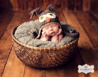 Brown Owl Hat - Baby Owl Hat - Baby Hat - Owl Costume Hat - Cute and Soft Earflap Baby Hat with Great Sheen --by JoJosBootique