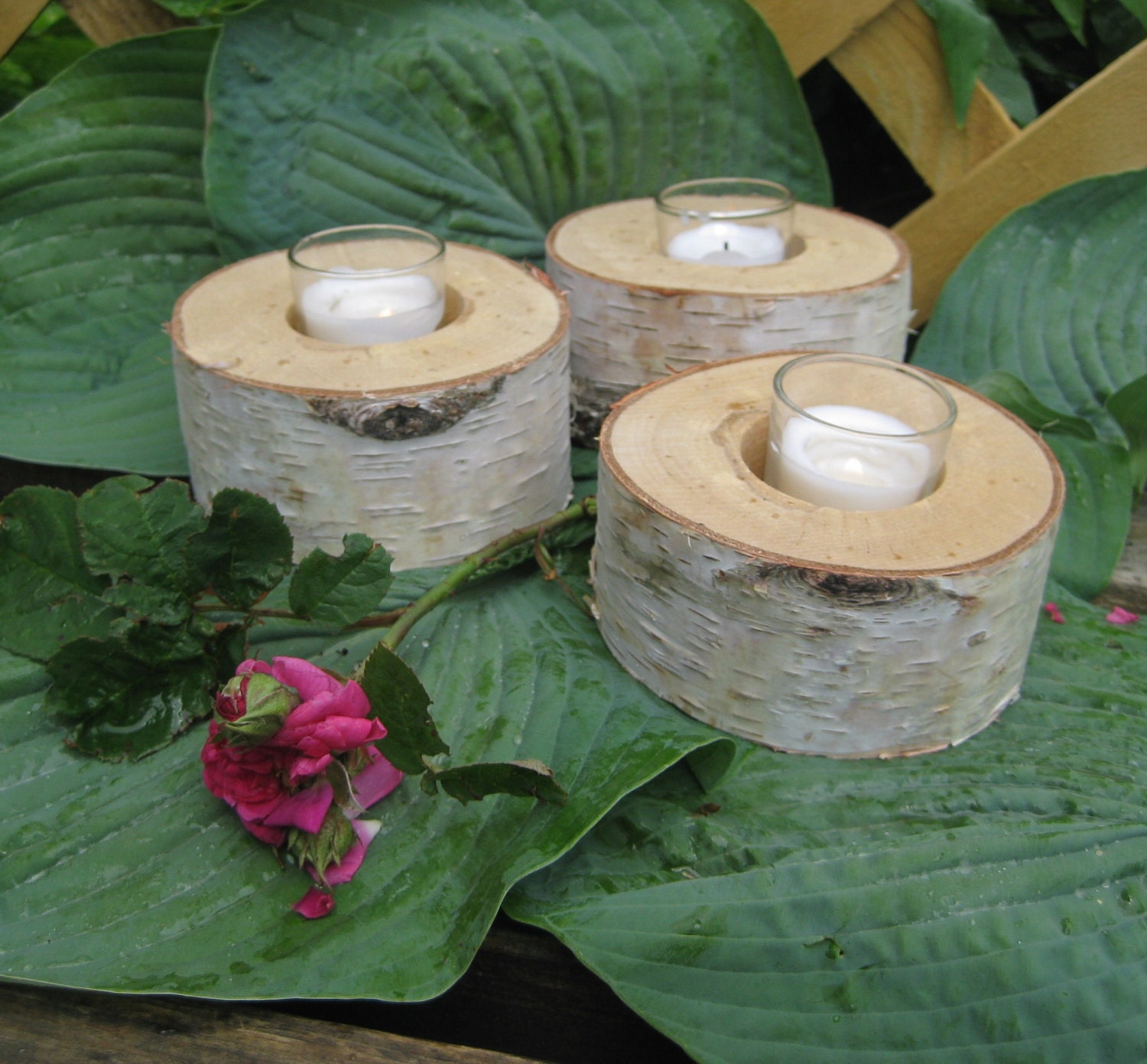 3 Birch Bark Candle Holders with Votive by MyGardenGate on Etsy