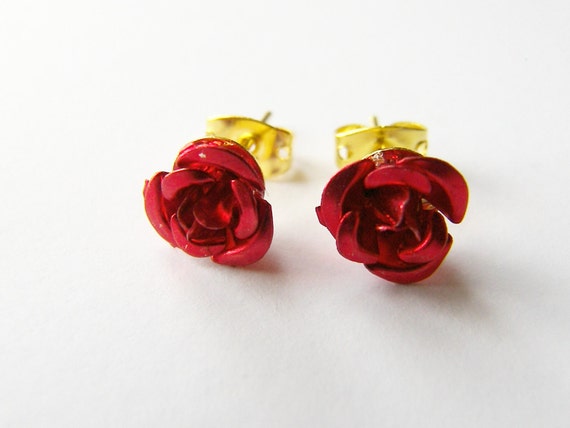 Christmas Gift Dainty Red Rose Earrings Studs Post