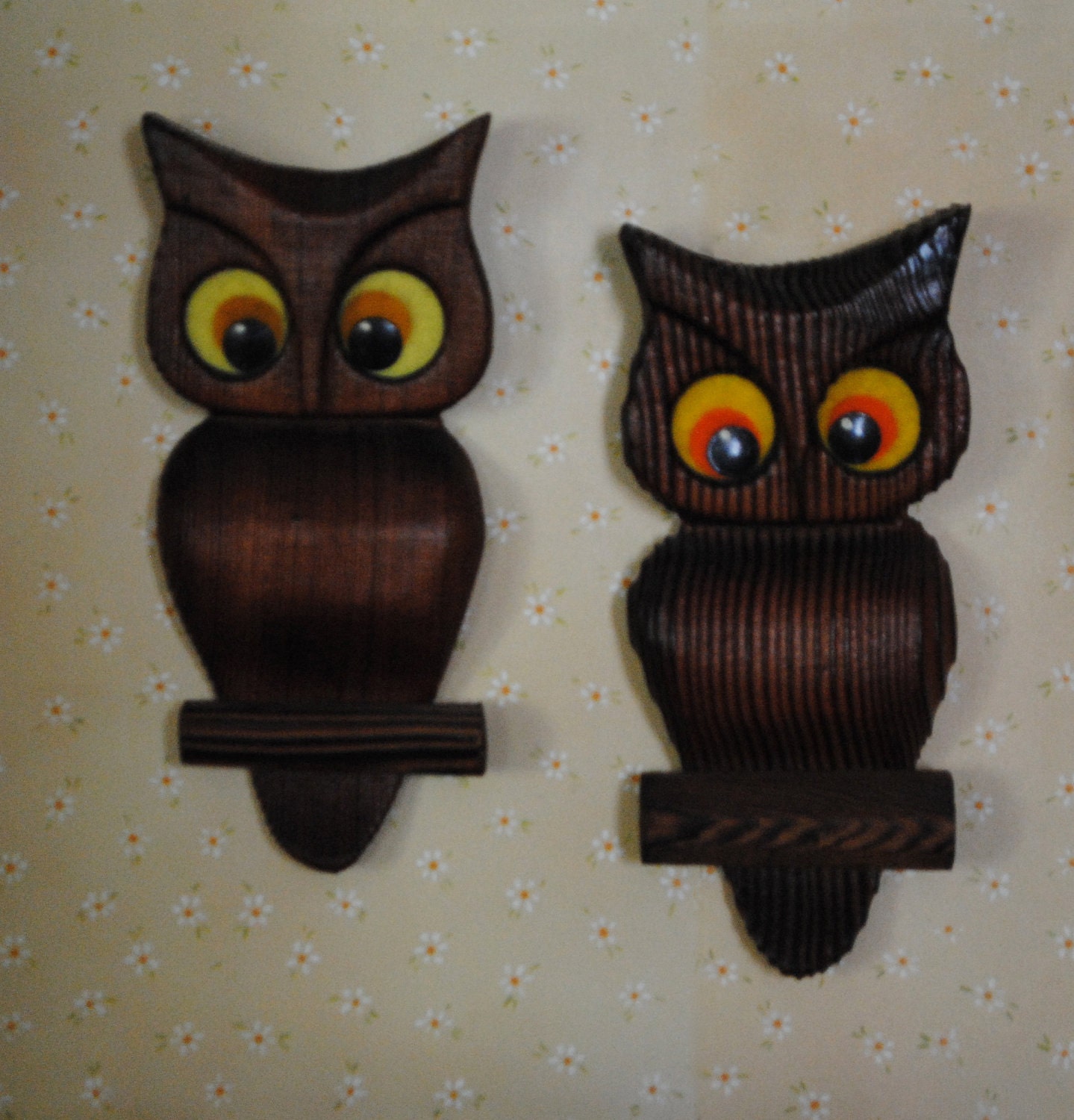 Set of Two Retro Wooden Owl Wall Hangings by retrotreasurehunters