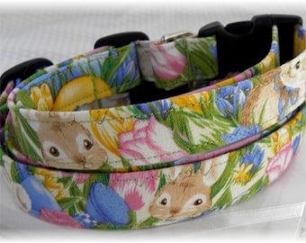 Dog Collar Bunny Love and Tulips Adjustable Dog Collar with D Ring Choose Size Summer Spring Everyday Fun Flowers Floral