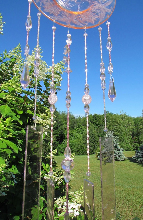 Pink Depression Glass Wind Chime with Stained Glass Chimes