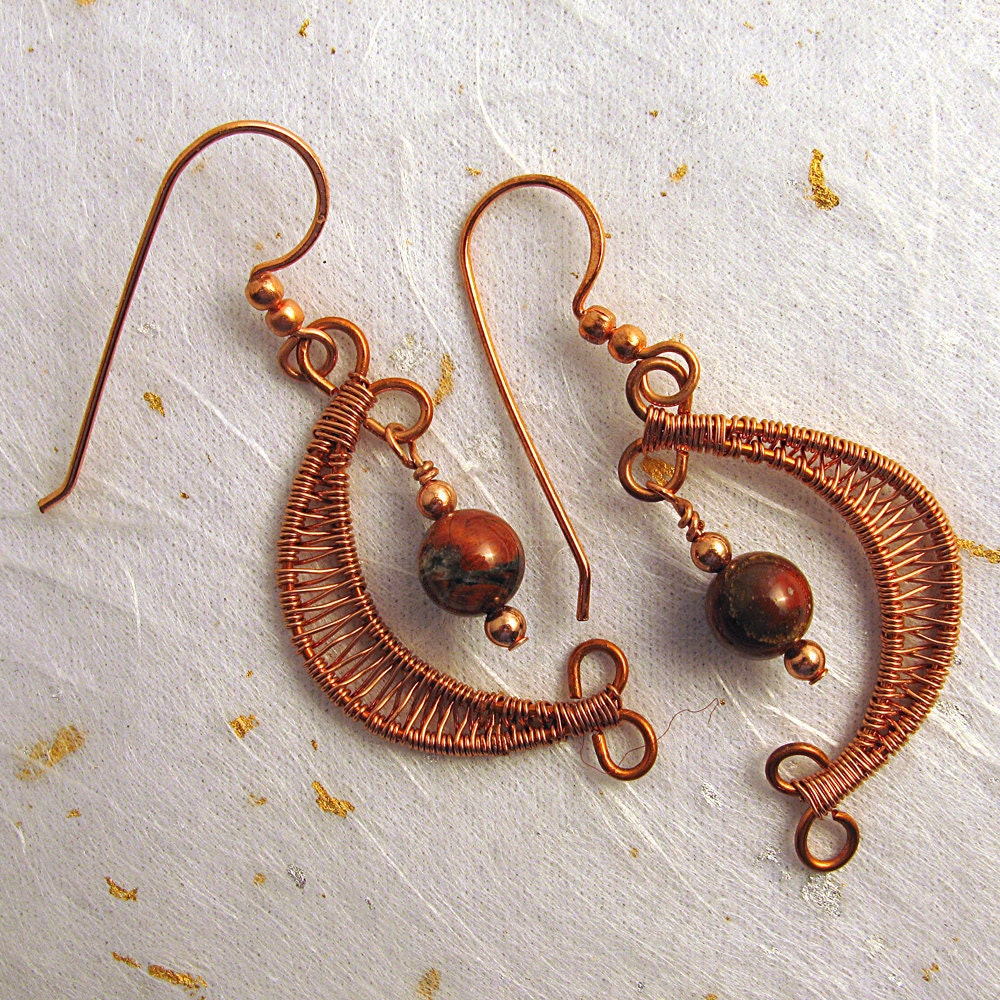 Woven copper wire and gemstone dangle earrings