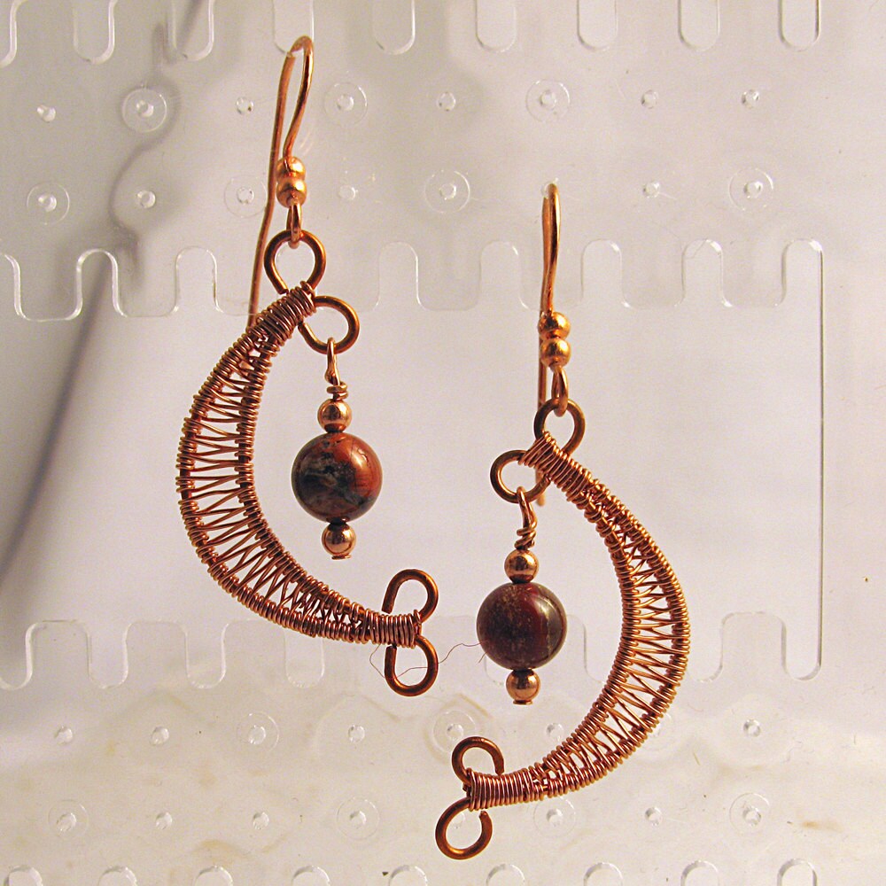 Woven copper wire and gemstone dangle earrings