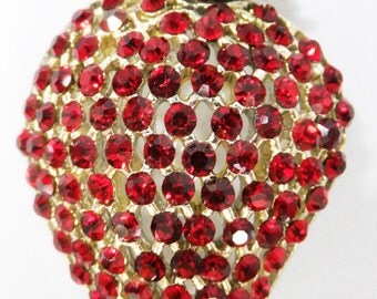 Vintage jewelry brooch in bright red rhinestone strawberry brooch Sale half off