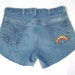 SALE Vintage 60s 70s Blue Denim Hippie Rainbow Embroidered Jean Cut Off Shorts