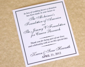 Charity Wedding Donation Card, Favor Card, DEPOSIT
