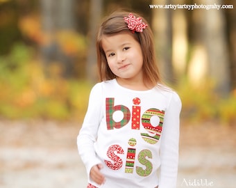 Christmas Big Sister Shirt Big Sis Long Sleeved Tee Sister Shirts Holiday Sibling Shirt Red Green White Plaid Made to Order New Tee Style