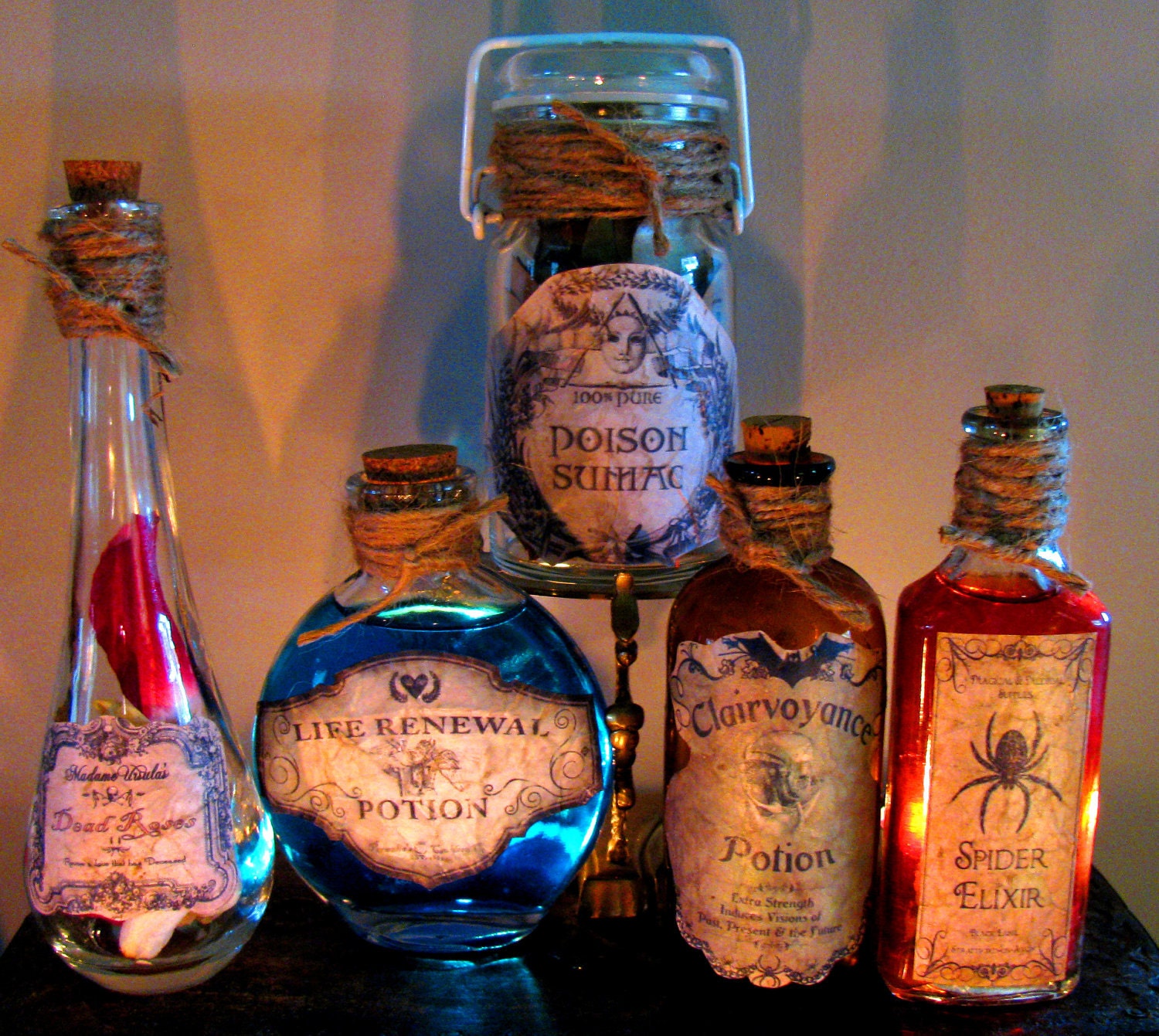 5 Potion Bottles Jars Halloween Prop Decroations Set Of 5