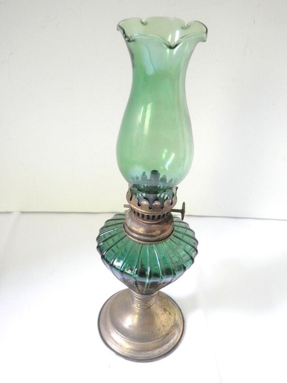 Miniature Green Hurricane Lamp with Original Chimney by Pascalene