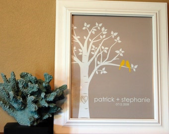 Bridal Shower Gift - Personalized Custom Love Birds Family Tree - Wedding Gift or Anniversary Gift - 8"x10" (Yellow/LightTaupe)