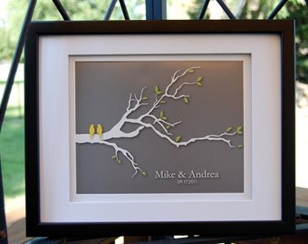 Wedding gift - Family Tree - Personalized Custom Wedding Love Birds Tree Branch - 8"x10" (yellow/gray)