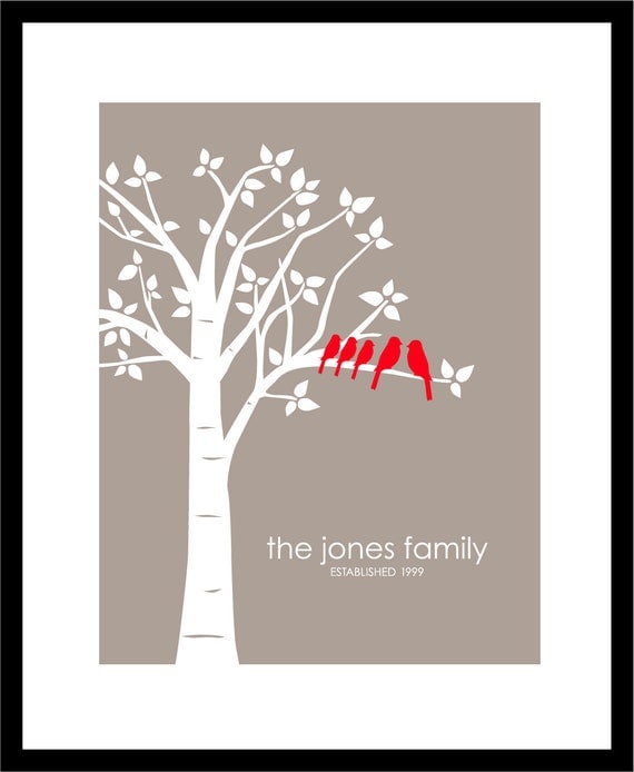 Mother's Day Gift - Personalized Custom Love Birds Family Tree - Housewarming/Anniversary Gift - 11"x14" (Red/Taupe)