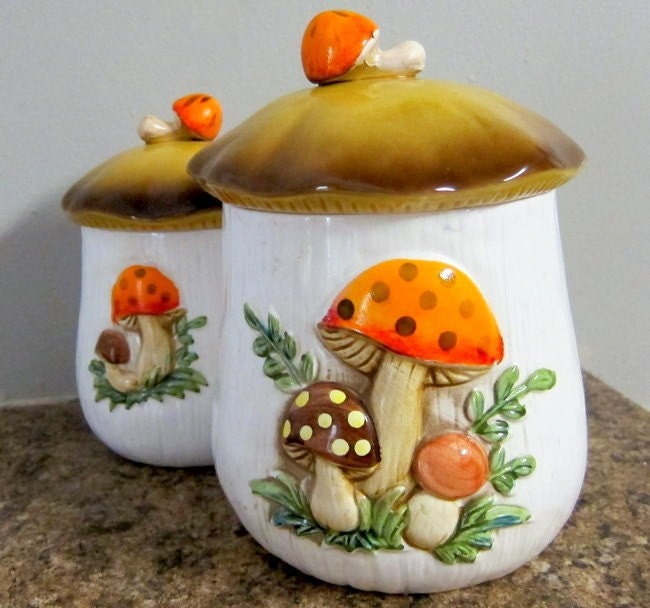 SALE 1970s Mushroom Jars made from Glazed Ceramic SET OF 2