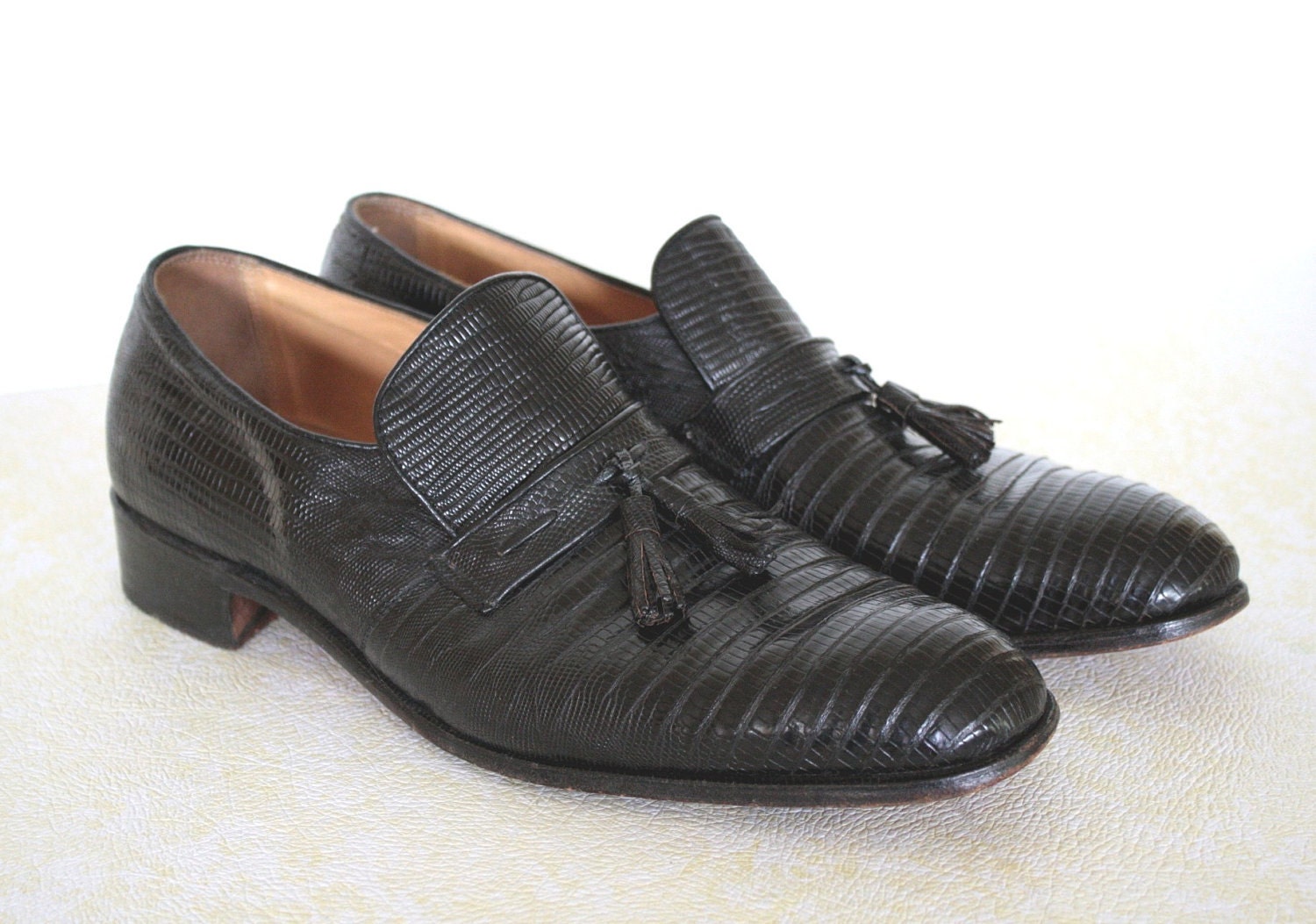 Mens Black Vintage Shoes 1970s Loafers Lizard NETTLETON