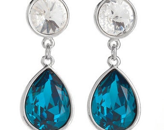 Indicolite Toned Tear-Drop Earrings With Swarovski Crystals