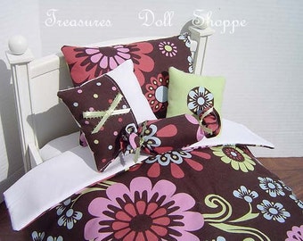 Doll Bedding 5 Pc Set for 18 Inch Dolls - Multi Flowers on Chocolate