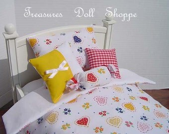 SALE - Doll Bedding 5 Pc Set for 18 Inch & Other Dolls - Polka Dotted Hearts