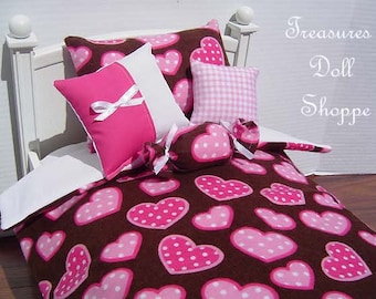 Doll Bedding 5 Pc Set for 18 Inch Dolls - Pink Hearts on Chocolate