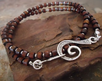 SPIRAL CLOSURE wrap bracelet made of wood and silver beads (109)