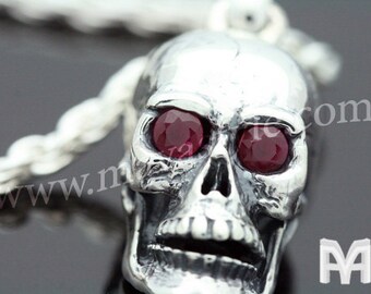 Sterling Silver Skull with Ruby Eyes & Spider Web Pendant